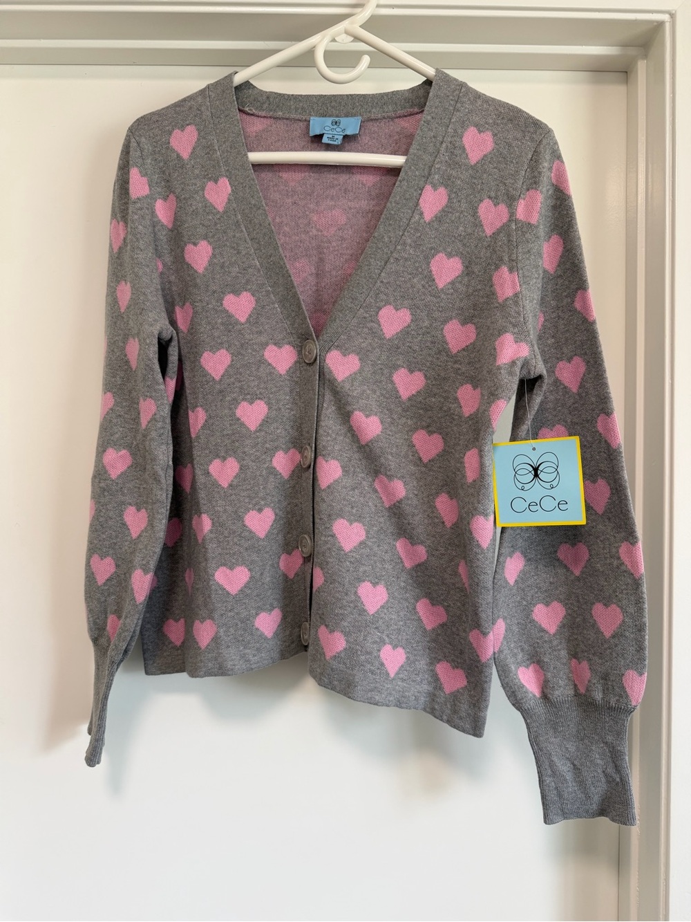CeCe Gray Cardigan with Pink Heart Print